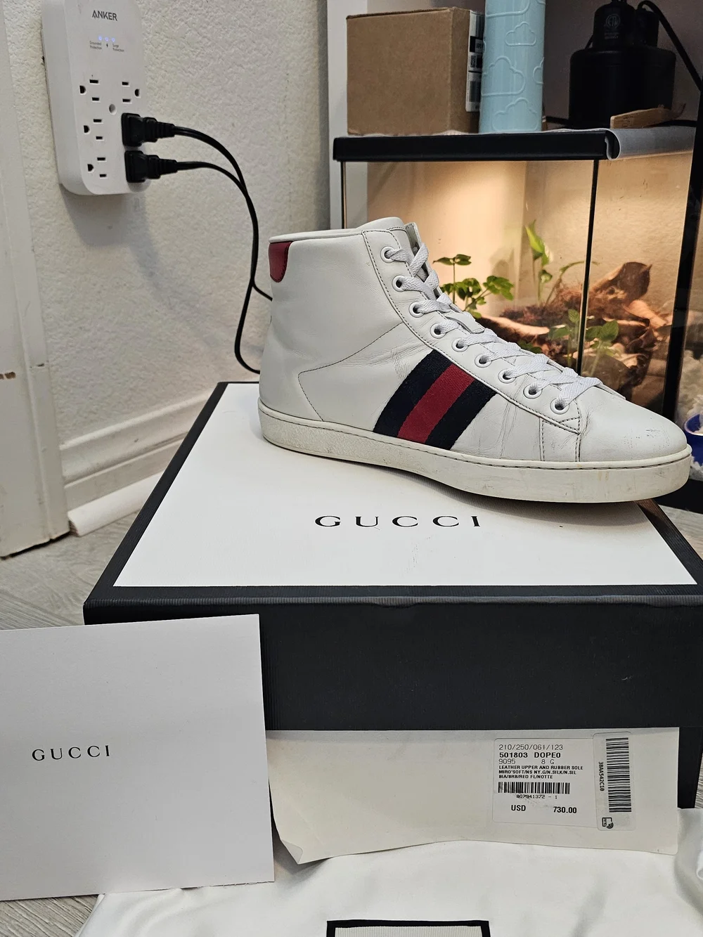 Gucci White High-Top Leather Sneaker with Web Stripe and Bee
